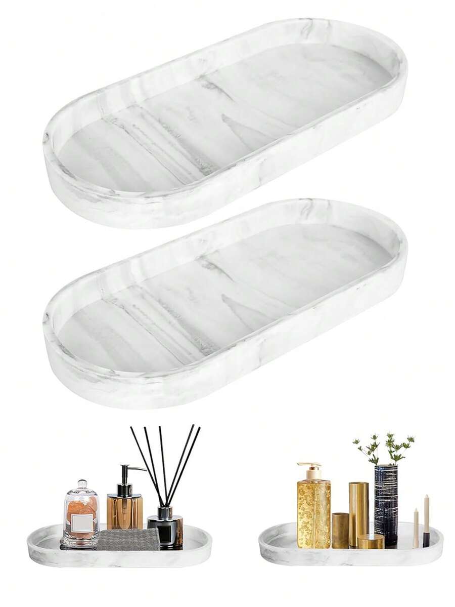 2个白色大理石椭圆形装饰托盘，浴室梳妆台收纳托盘，浴缸和厨房水槽置物架，家居浴室装饰，浴室储物架，秋季装饰，化妆品收纳架，返校必备