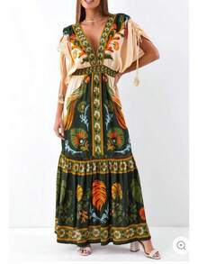 New European And American Summer V-Neck Retro  Printed Linen Dress For Women - 圖片色 - 查看 1