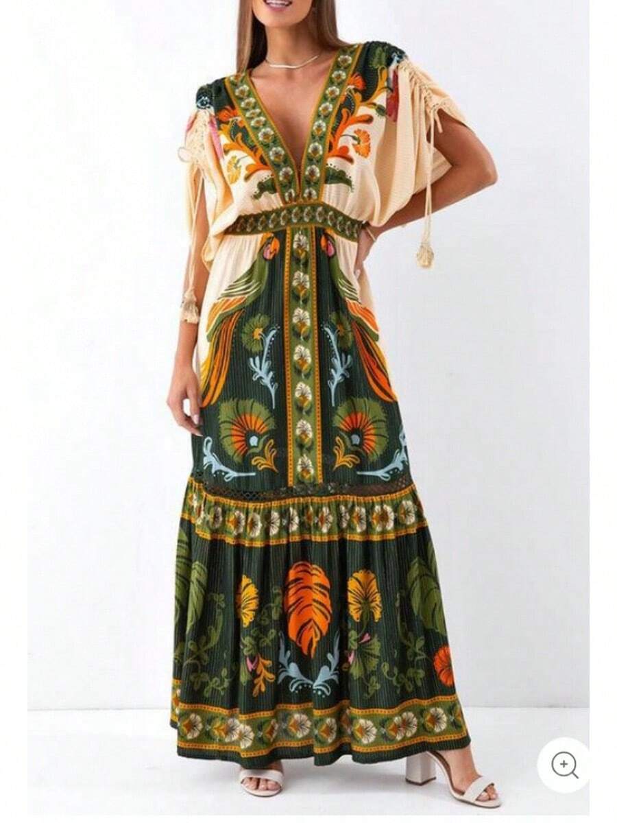 New European And American Summer V-Neck Retro  Printed Linen Dress For Women - 圖片色 - 查看 1
