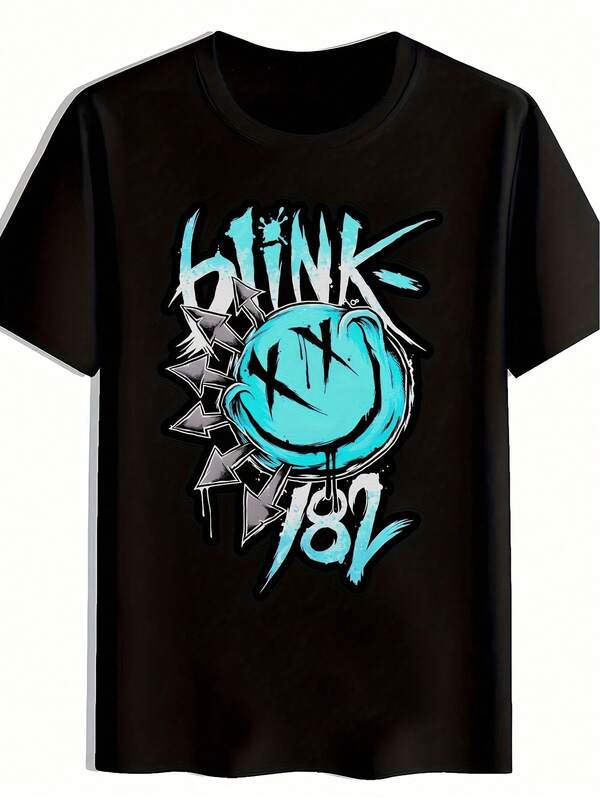 Men's Pure Cotton T-Shirt, Casual Versatile Top For Daily & Commute. Rock Style Black T-Shirt Blue Smile Punk Style Letter Print