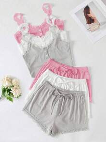 1 Piece Women's Pink Ribbed Lace Trim Sleepwear Set: Sleeveless Camisole & Shorts Loungewear, Adjustable Strap Feminine Sleep Set With Elastic Waist Drawstring Bottoms, Soft Breathable Ribbed Fabric For Daily Home Wear, Brunch Dates, Weekend Getaways, Coffee Gatherings, Nighttime Relaxation, Gift Exchanges & Gifting To Style-Conscious Females, Homebody Enthusiasts, Travelers, Casual Outfit Lovers Who Cherish Comfortable Feminine Sleep Sets That Blend Lace Accents & All-Day Versatility - 粉色 - 查看 5