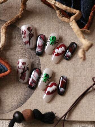 10 st akryl press-on naglar blodiga stor mun gröna spindel lösnaglar konstnaglar kit innehåller 1 ark självhäftande flikar och 1 st minifil