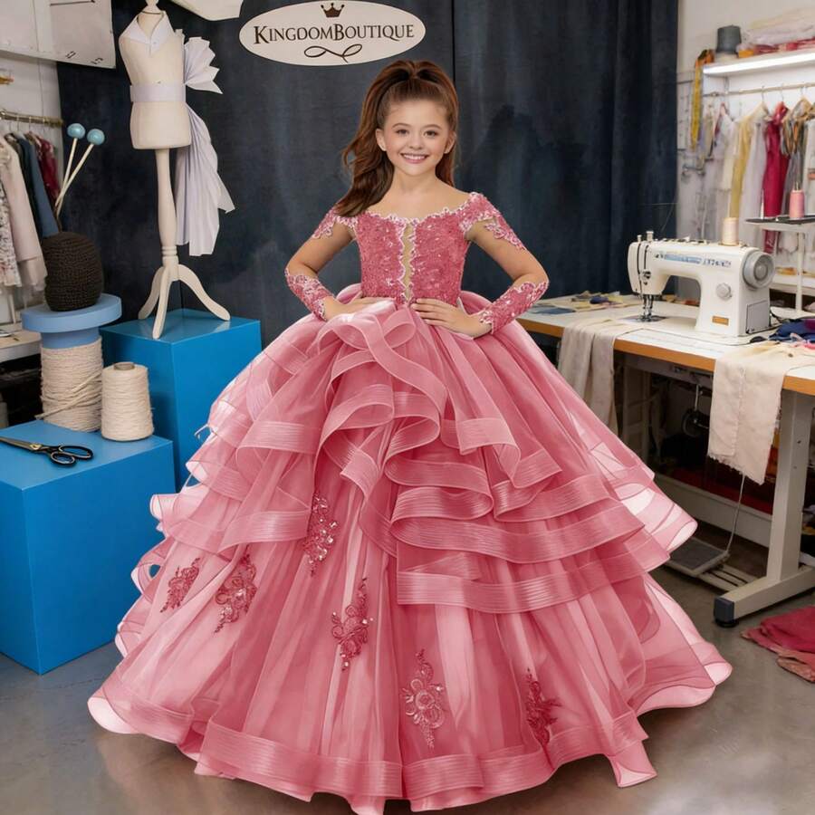 1pc Princess Long Sleeve Flower Girl Dresses Appliques Ruffles Tulle Pageant Dresses For Girls Kids Party Ball Gowns,First Communion Dress,Tween Girls Princess Dress,Birthday,Wedding Or Photoshoot Outfit,Dance Performance Dress,Piano Performance Dress,Perfect For Shows,Birthday Parties,Vacations,Pageant,Prom Dress - 粉色 - 查看 1