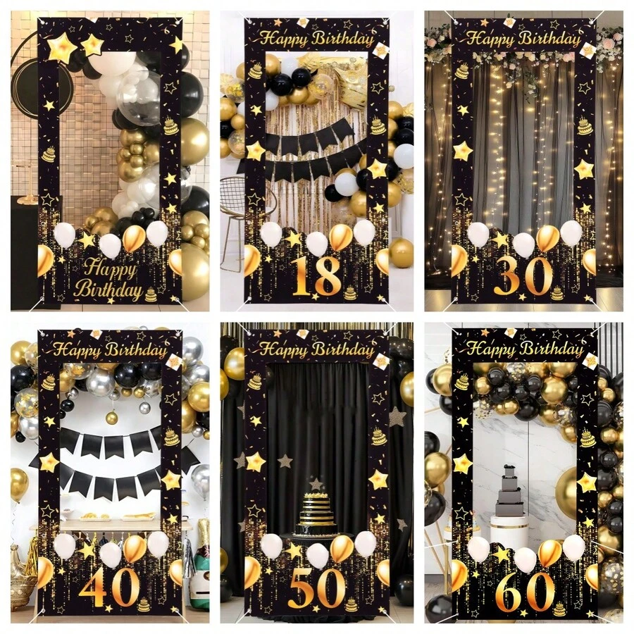 1pc Black & Gold Birthday Photo Backdrop, 18-50 Years Old Birthday Photo Frame, Birthday Party Background Decoration, Anniversary Decoration, Party Photography Props, Party Photo Booth, Birthday Decoration, Birthday Gift, Party Favors - Multicolor - View 1