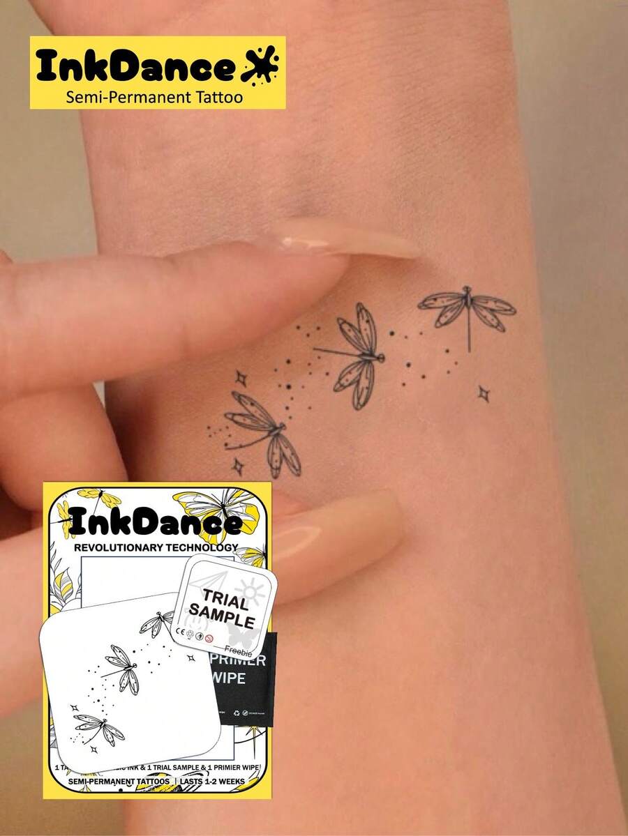 1 Kit "Dragonflies" Revolutionary Technology Tattoos, Semi-Permanent Tattoos, Temporary Tattoos, Long Lasting, Men Women Tiny Dragonfly Fake Tattoos, Water-Resistant, Authentic Tattoo Look, Plant-Based, Present MNF127 - Black - View 1