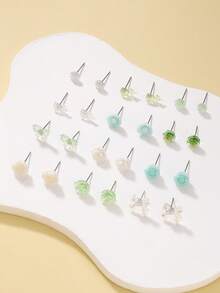 12 pares de pendientes surtidos elegantes y lindos, incluye diseños de moño, flor y resina, pendientes de botón no duplicados para mujeres - Multicolor - Ver 2