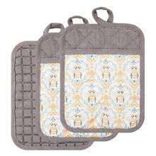 Pot Holders Set Of 3 Silicone Printing Non Slip Heat Resistant, Yarm-Dyed Hot Pads Cotton Home Kitchen CooFKing Barbecue Microwave Women Men Machine Washable BBQ Grilling. (Khaki Potholdes),Khaki5 - 卡其色5 - 查看 9