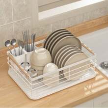 Dish Drying Rack With Cutlery Holder & Removable Drip Tray: Essential Kitchen Organizer - White - View 3