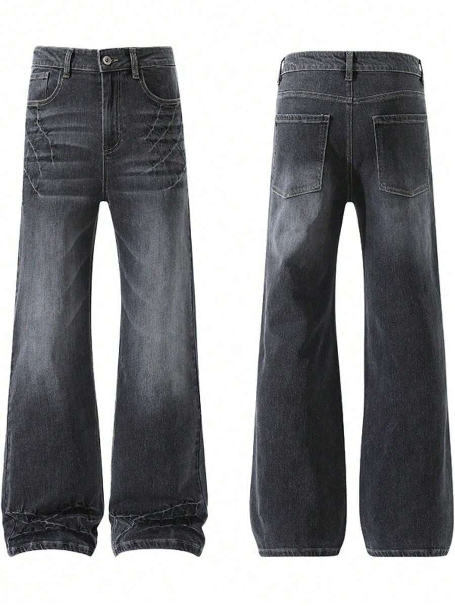 Jeans Masculinos de Estilo Urbano con Acabado Envejecido y Desgaste Natural, Silueta Straight Leg Relajada y Denim Suave Ideal para el Uso Cotidiano - Gris - Ver 1
