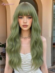 XYUNMI 26 Inch Green Long Curly Wig With Lightweight Bangs, French Style, Fashion & Natural, Soft & Fluffy, Made Of Synthetic Fiber, Suitable For Daily Wear, Dates, Photo Shoots, Cosplay, Elegant Parties, Valentine's Day, Music Festivals, Casual Gatherings And Shopping, Women Wig - Green - View 2