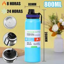 800ml/1000ml Stainless Steel Thermal Bottle For Hot And Cold Drinks With Sporty Handle - Màu xanh nhạt - Xem 8
