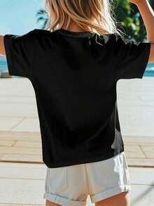 Valentine's Day Summer Girls' Fashion Short Sleeved T-Shirt "I CRUSH HEARTS" Cartoon Pattern Printed Outdoor Casual Top With Letters In The Heart Pile - màu đen - Xem 4