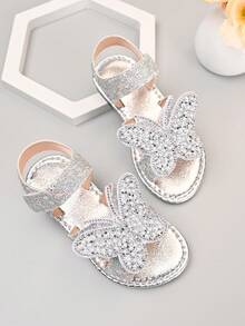 1 Pair Silver Plus Size Girls' Flat Sandals, Soft Leather, Sequin Decor, Rhinestone Butterfly Accent, Round Toe, Non-Slip Soft Sole, Fashion Princess Style Beach/Casual Wear, Suitable For 3-12 Years Old Children, Spring/Summer 2026 - Silver - View 2