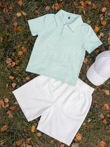 2pcs/Set Girls Cute Polo Collar T-Shirt And Shorts Set, Sweet Style Young Girl Summer Outfit - Green - View 1