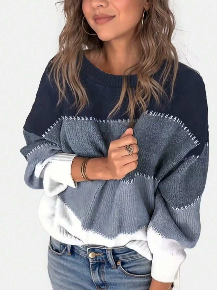 女士休闲撞色条纹套头针织衫，长袖 - 彩色 - 查看 1