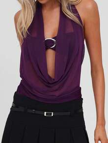 Women 2-Piece Set, Sleeveless Backless Halterneck Sheer Top With Bra For Club Party - Purple - View 4