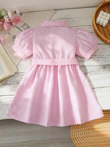 Summer Girls Toddler Pink & White Striped Shirt Dress, Pink & White Fine Stripe Fabric, Collared Button-Front Shirt Silhouette, Puff Short Sleeves With Cuffed Hem, Matching Fabric Oversized Bow Waist Belt To Cinch Waist, Black Butterfly Embroidery Decor On Left Chest, Fresh & Sweet Style With Preppy Vibe - Pink - View 2
