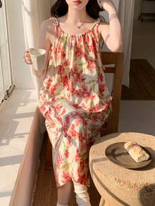 Women's Floral Print Sleeveless Nightgown, Contrast Color Cute Cartoon Casual Nightdress, Suitable For Spring And Summer - Pink - View 9