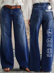 Women's Casual Denim Jeans (Waist Cinching And Hip Lifting - Small Size, Dark Washed), Simple Style, Suitable For All Seasons, Loose Hem, Back Pocket Design, Suitable For Daily Wear - 深色洗 - 查看 6