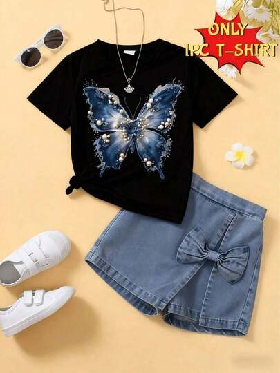 Adecuado para niños y niñas, [1 pieza] Camiseta de manga corta para niñas, de moda, estampado de perlas y mariposas, camiseta de manga corta, ropa exterior cómoda para niños pequeños, regalo de ropa infantil, camiseta 100% algodón, múltiples tallas disponibles