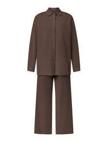 2Pcs Loungewear Sets For Women Solid Long Sleeve Lapel Collar Button Down Tops And Drawstring Elastic Waist Pants - Brown - View 1