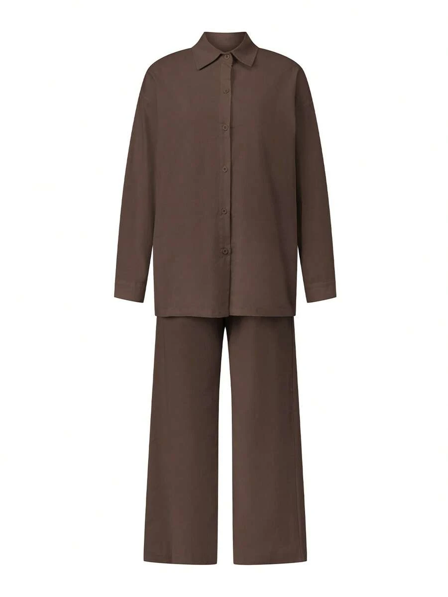 2Pcs Loungewear Sets For Women Solid Long Sleeve Lapel Collar Button Down Tops And Drawstring Elastic Waist Pants - Brown - View 1