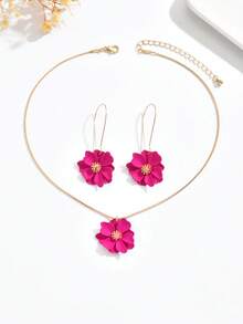1 Set Of 3pcs Vintage French Floral Spray Paint Exaggerated Fuchsia Multilayer Pendant Necklace & Earrings Set, Fresh And Sweet Floral Choker Necklace Jewelry Set For Women, Suitable For Daily, Vacation, Party Wear - Hot Pink - View 3