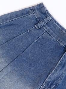 Women Loose Pleated Jean Skirt Blue Washed Denim Mini Skirt Y2K Vintage Streetwear Pleated Short,2026 Summer - Blue - View 9