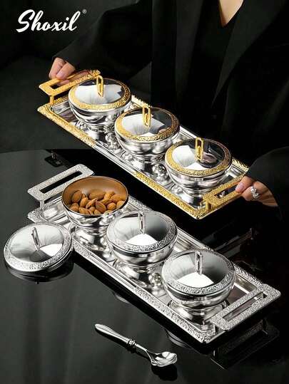 shoxil 1pc Iron Gold/Silver Relief Bowl, Decorative Bowl, Middle Eastern Bowl, Date Palm Bowl, Yogurt Bowl, With Handle Tray, Dining Plate, Dining Plate, Decorative Tray, Dining Plate, For Home, Restaurant