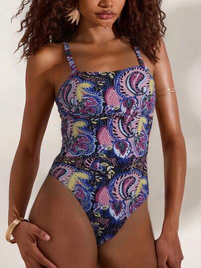Elegant Women's Knitted One-Piece Bikini Swimsuit With Sleeveless Spaghetti Straps And Vibrant Paisley Print Perfect For Summer Vacations
