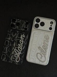 [Customized] Personalized Customized Letters Name Bling Glitter Rhinestone Snake Scale Pattern Faux Leather Phone Case Compatible With IPhone 17 Pro Max 17 16 15 14 13 Pro Max Shockproof Protective Cover - White - View 9