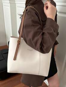 2个装女士棕色绗缝衬里单肩托特包，时尚大容量组合手提包，按扣闭合，休闲街头风，适合摄影、日常通勤。 - 白色 - 查看 3