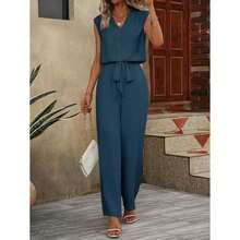 Two-Piece Set Women's Plain NotchedNeck Top & Tie Front Pants Set,Casual Sleeveless Top & ElasticWaist Trousers Summer, LadiesClothes Daily Wear, Womenswear - Màu xanh lam - Xem 4