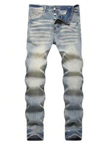 Vaqueros Retro de Calidad Superior para Hombres con Estilo Streetwear, Pantalones Slim Tapered con Efecto Whisker de  Urbanas, Denim Vintage Confortable y Adaptable - Gris - Ver 2