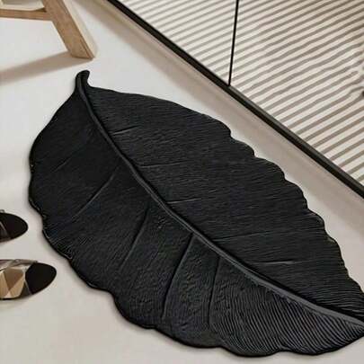 黑色叶形浴室地垫，防滑速干，优雅的叶纹，柔软的橡胶/涤纶表面，适用于浴室、厨房、门厅、房门，复古家居装饰，居家生活必备