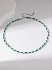 1pc Vintage Charm Elegant Versatile Sparkling Cubic Zirconia Geometric Brass Necklace Choker For Women And Girls, Daily Wear, Teacher's Day, Mother's Day, Valentine's Day, Goddess Day, Thanksgiving, New Year Gift - Dark Green - View 8