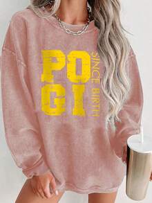 Valentine Outfits For Women, POGI Since Birth Graphic Print, Casual Crew Neck Sweatshirt, Cozy Streetwear,  Everyday Style,Essentials Hoodie,Summer Outfits For Women,Spring Tops - 粉色 - 查看 1