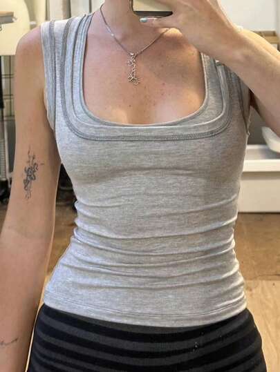 Women's Y2K Style Solid Color 2 In 1 Camisole, Suitable For Back To School, Outdoor Sports And Casual Home Wear In Summer