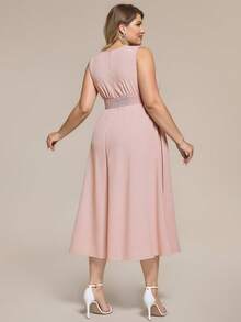 EVERPRETTY Plus Size Women Elegant Chiffon Waist Cinched Pink Bridesmaid Dress, Suitable For Wedding, Banquet, Party - Pink - View 2