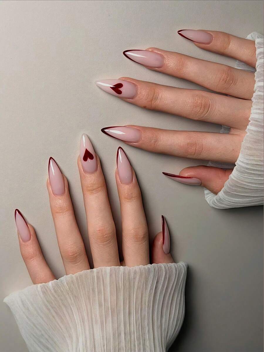 1 Bộ (24 miếng) Miếng dán móng tay hình hạnh nhân cỡ trung bình, màu đỏ tía kiểu Pháp, họa tiết trái tim đỏ, phong cách tối giản, bóng mượt, phủ kín toàn bộ, phù hợp cho phụ nữ và bé gái sử dụng hàng ngày, phụ kiện làm móng cho ngày Valentine - Nhiều màu - Xem 1
