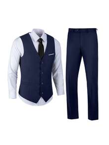 Men's 2-Piece Suit Set, Suitable For Party, Business Banquet, Outing, Casual Vacation, Formal Vest Pants Tie Set - Navy Blue - View 2