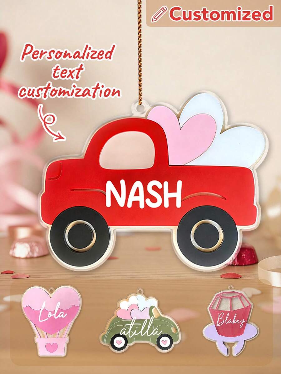 个性化情人节汽车亚克力挂饰，可定制名字，可爱爱心卡车设计，爱情主题悬挂装饰，适合儿童、家庭、2026年情人节礼物、温馨婴儿房家居装饰、周年纪念纪念品、派对装饰品，可定制文字，节日展示，个性化情人节挂饰 - 彩色 - 查看 1