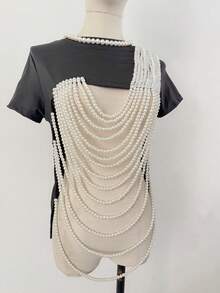 1pc Sexy Pearl Hollow Shawl, Multi-Layer Tassel Beaded Body Chain, Suitable For Bar, Nightclub Outfit - 226 Black - View 6