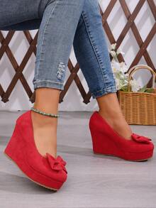 Women's Spring New Suede Bow Tie Wedge Mary Jane Shoes, Platform Thick Bottom Fashionable Versatile Shoes - Red - View 2