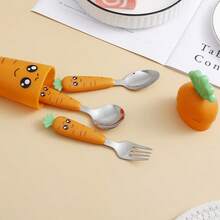 1 Set 304 Stainless Steel Cutlery, Fork And Spoon, Creative Cartoon Carrot Design Tableware - Multicolor - View 6
