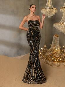 这款女士串珠晚礼服采用深V领露背设计，饰以金属线刺绣，修身美人鱼廓形，腰部点缀亮片，是红毯活动、正式婚礼、盛大晚宴和奢华场合的理想之选。 - 黑色 - 查看 1