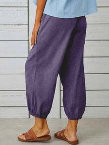 New European & American Style Loose High Waist Button Linen 3/4 Wide Leg Pants For Women - Purple 2 - View 2