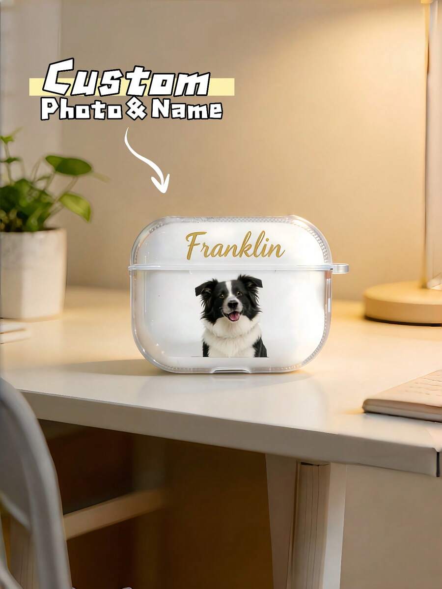 1pc Custom Bluetooth Earphone Case,Personalized Pet Photo&Name Case,Soft TPU Clear Rubber Case Cover,Gift For Pet Lovers,Valentine's Day,And Special Occasions - Multicolor - View 1