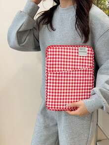 11"/13" Minimalist Plaid Zipper Laptop/Tablet Sleeve, Women's Work & Study Dual-Use. Fuzzy Plaid Bag, Checkered Pattern, Laptop Bag, Laptop Case, Laptop Sleeve, Computer Bag, Minimalist Plaid Classroom Laptop Bag, Classroom Bag, Teacher's Organizer Bag, Classroom Organizer - Multicolor - View 11