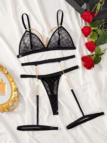 情人节惊喜礼物：新款黑色格子薄纱性感内衣套装，金属链文胸、吊袜带和丁字裤三件套，女士派对装扮 - 黑色 - 查看 11
